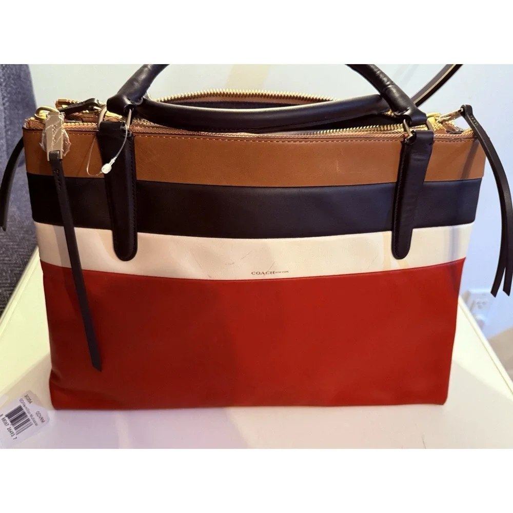 New Coach VTG Burough Bag Leather Bar Vermillion Stripe Design RARE $698